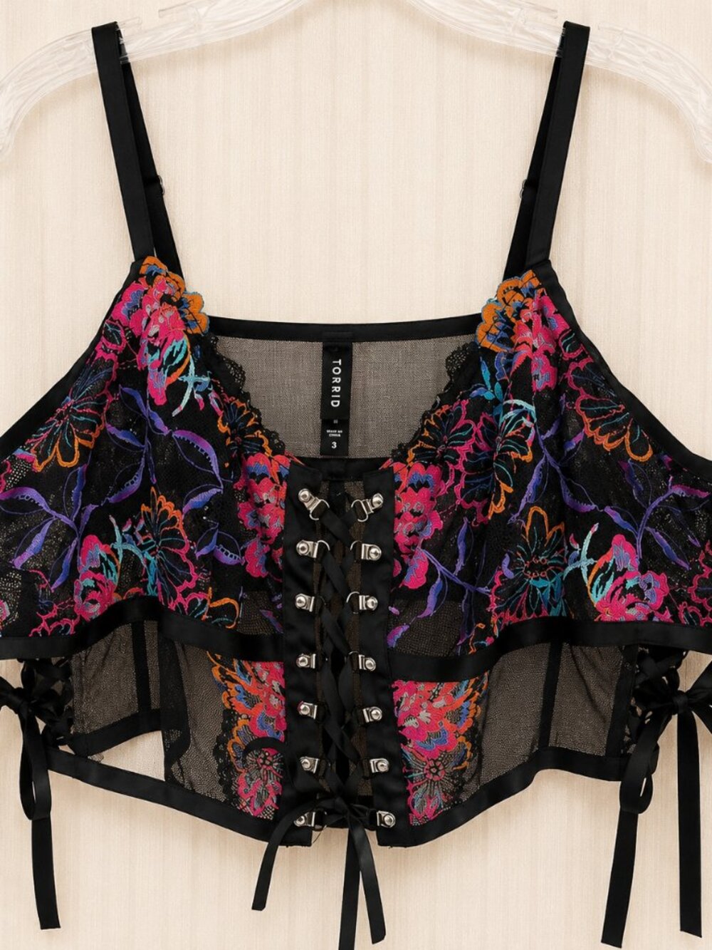 Torrid Floral Lace Up Longline Bralette Wire Free Mesh Lace Bra NWOT Size 3